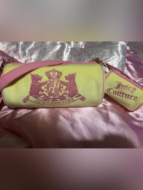 Juicy Couture Yellow Velvet Shoulder Bag with Pink Trim